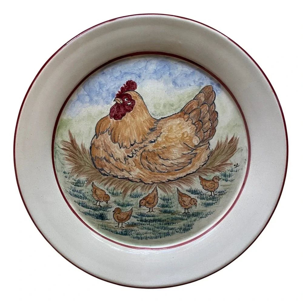 Cagle Road Pottery Chicken Serving Platter Seagrove NC Hen and Chicks Folk Art